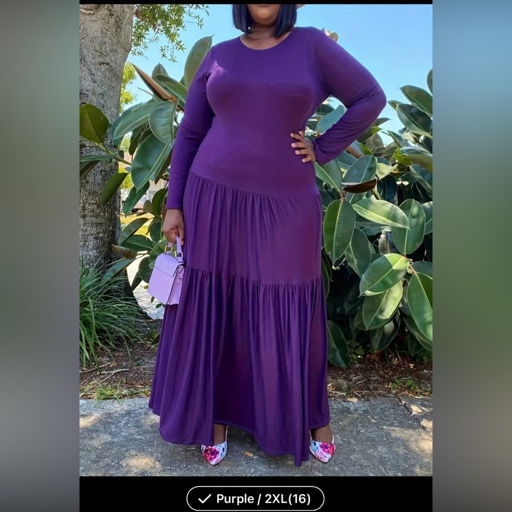 Plus Size Women's Stunning Solid Color Tiered Maxi Dress - Long Sleeve